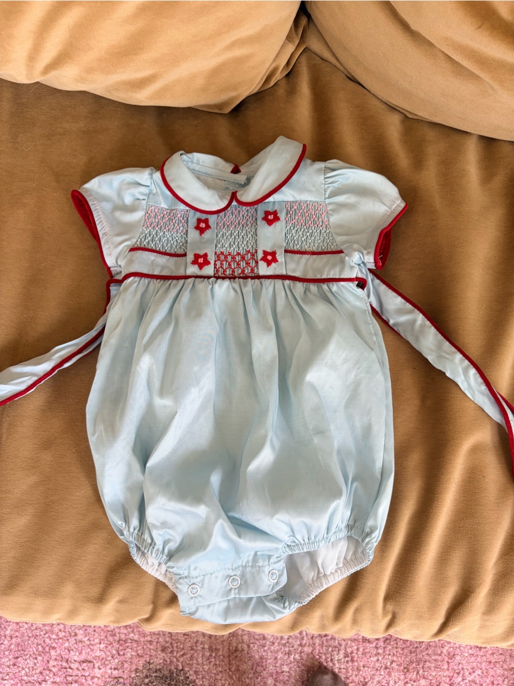 Dondolo Smocked Light Blue Baby Romper with Red Trim